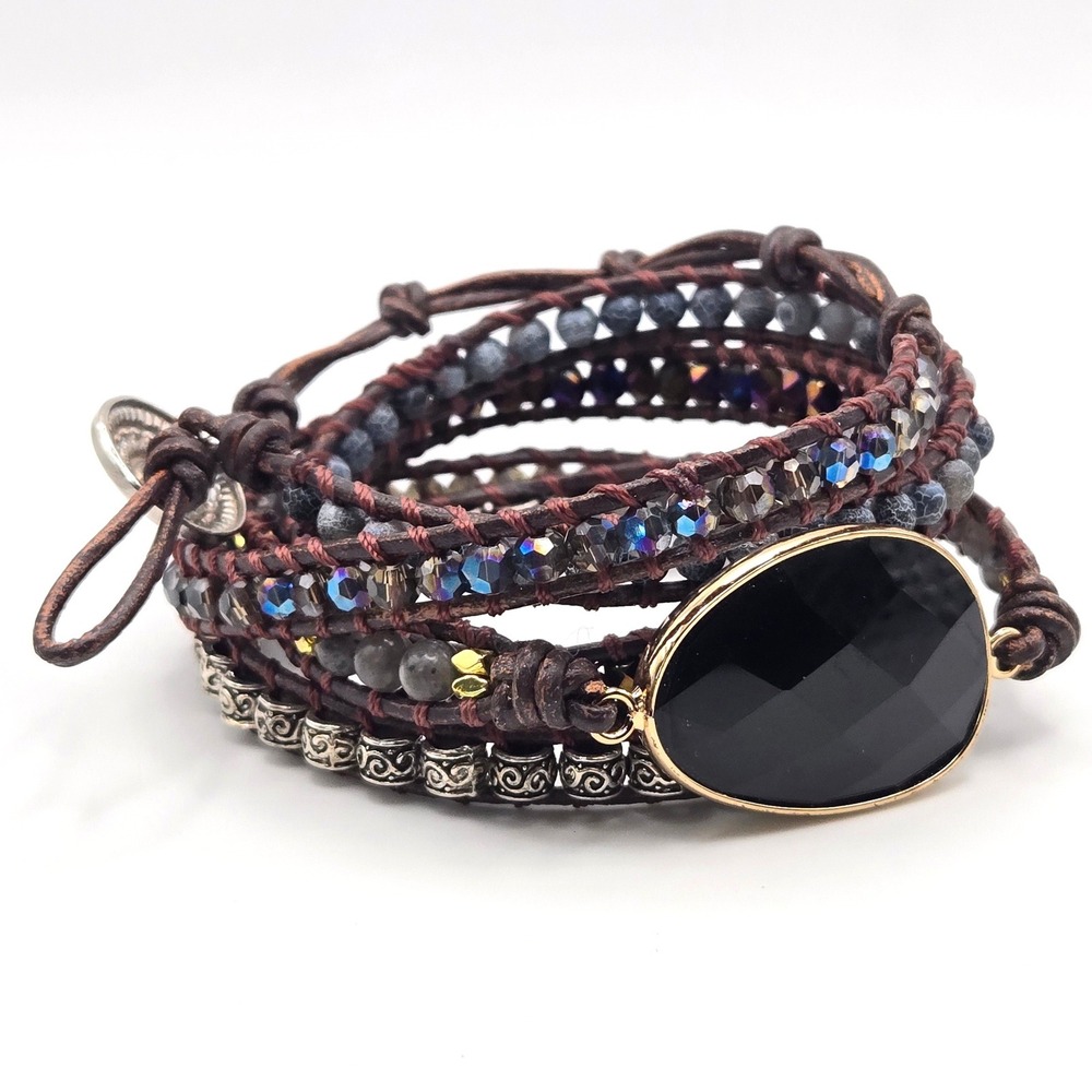 Boho Leather Wrap‎ Bracelet Black Onyx Crystal Beaded Multi Strand Toggle Brown
